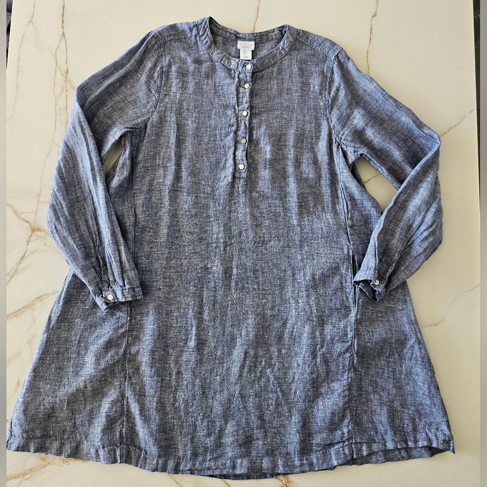 KENAR Blue 100% Linen Women Sleeves Dress Sz L Pockets
